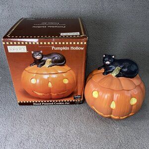Sakura David Carter Brown Halloween Pumpkin with Black Cat Hollow Cookie Jar